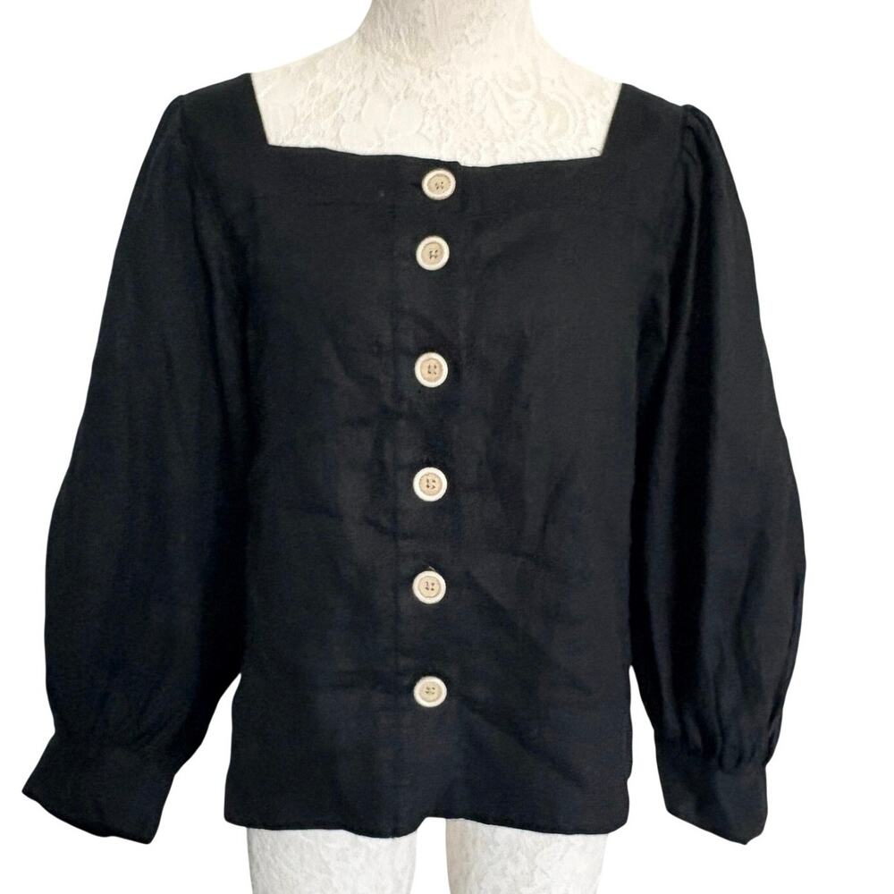 J.Crew Squareneck Button-Front 100% Linen Puff Sleeve Top Black L Minimalist